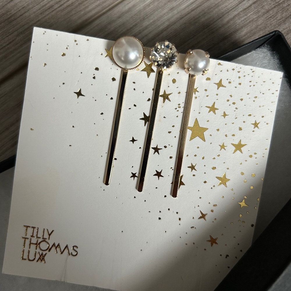 Crystal, Pearl, Gold Hair Pin Set, New in Box, Bridal Accessories, Designer